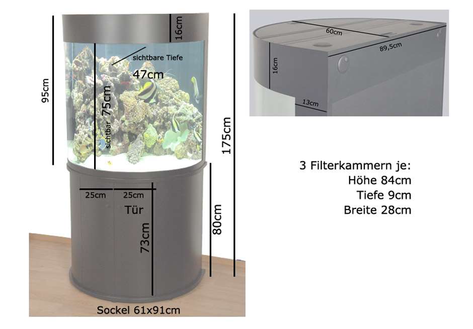 weißes halbrundes Glasaquarium Aquarienkombination 90cm Aquarienkombinationen Aquarien