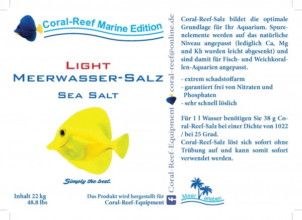 Coral Reef light Meersalz (weniger Ca und Mg) - 22 kg / Eimer